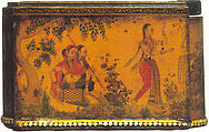 Casket with Painted Scenes, Painting by Rahim Deccani, Papier-mâché, painted and varnished, with pierced ivory base moulding
